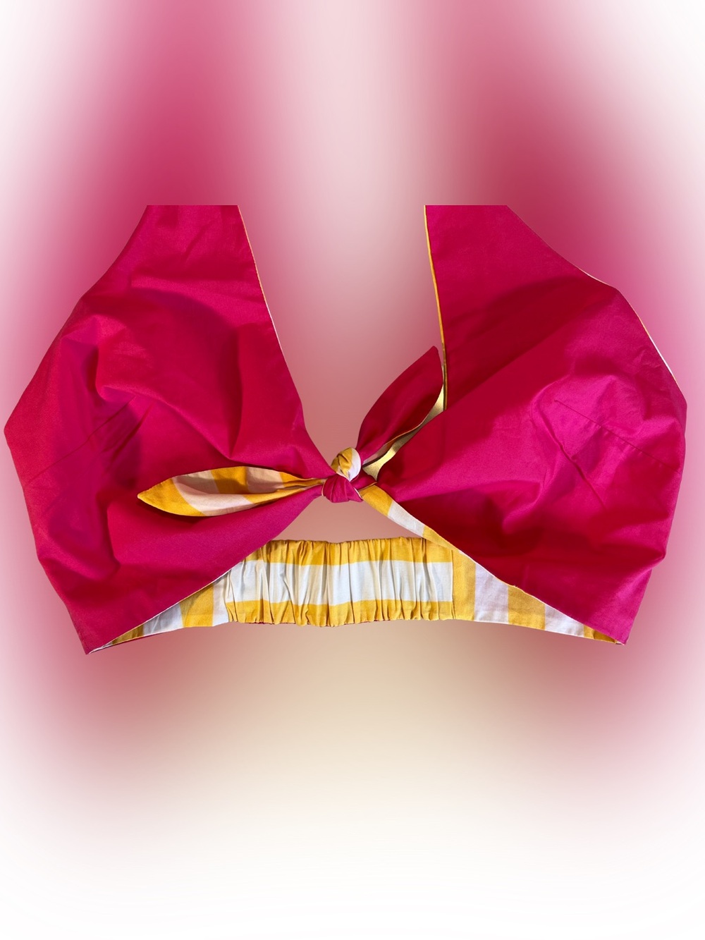 Striped Summer Yellow & White Reversible Hot Pink Tie-Front Crop Halter Top - Picture 7 of 7